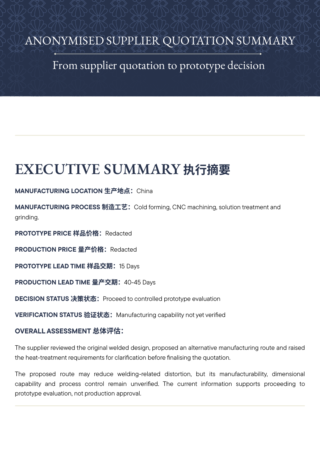Anonymised Supplier Quotation Summary preview