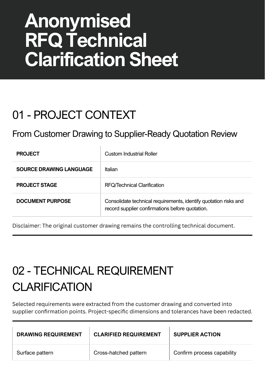 Anonymised RFQ Technical Clarification Sheet preview